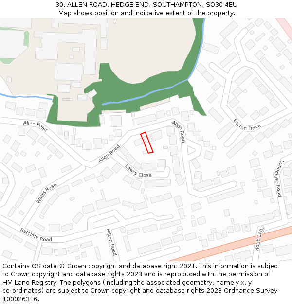 30, ALLEN ROAD, HEDGE END, SOUTHAMPTON, SO30 4EU: Location map and indicative extent of plot