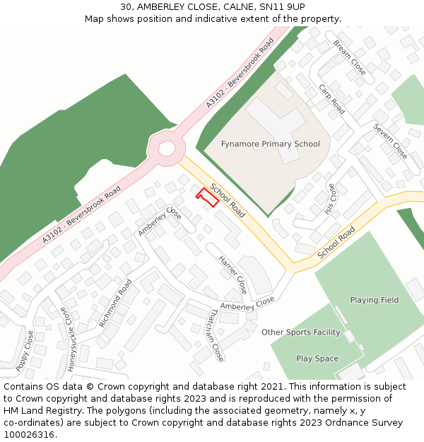 30, AMBERLEY CLOSE, CALNE, SN11 9UP: Location map and indicative extent of plot