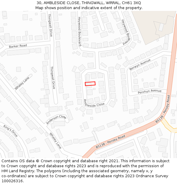 30, AMBLESIDE CLOSE, THINGWALL, WIRRAL, CH61 3XQ: Location map and indicative extent of plot