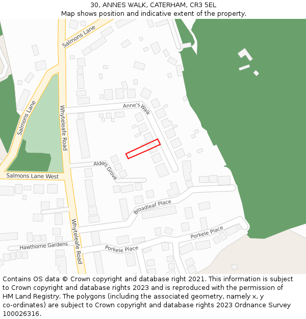 30, ANNES WALK, CATERHAM, CR3 5EL: Location map and indicative extent of plot