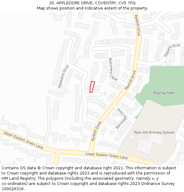 30, APPLEDORE DRIVE, COVENTRY, CV5 7PQ: Location map and indicative extent of plot
