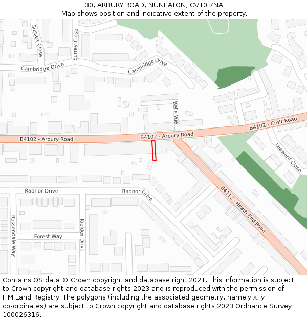 30, ARBURY ROAD, NUNEATON, CV10 7NA: Location map and indicative extent of plot