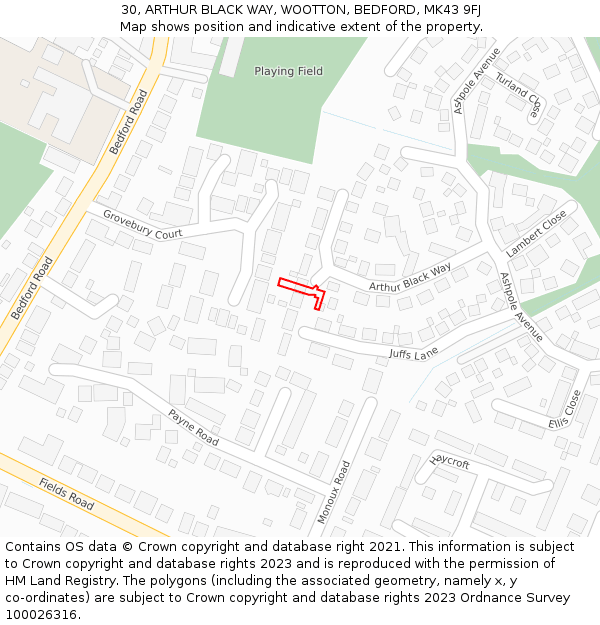 30, ARTHUR BLACK WAY, WOOTTON, BEDFORD, MK43 9FJ: Location map and indicative extent of plot