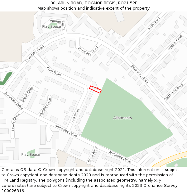 30, ARUN ROAD, BOGNOR REGIS, PO21 5PE: Location map and indicative extent of plot