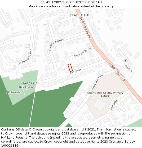 30, ASH GROVE, COLCHESTER, CO2 0AH: Location map and indicative extent of plot