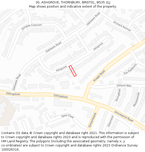 30, ASHGROVE, THORNBURY, BRISTOL, BS35 2LJ: Location map and indicative extent of plot