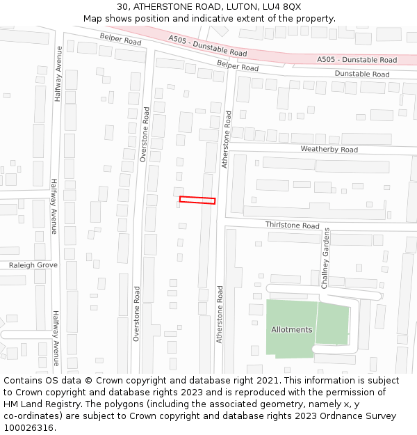 30, ATHERSTONE ROAD, LUTON, LU4 8QX: Location map and indicative extent of plot