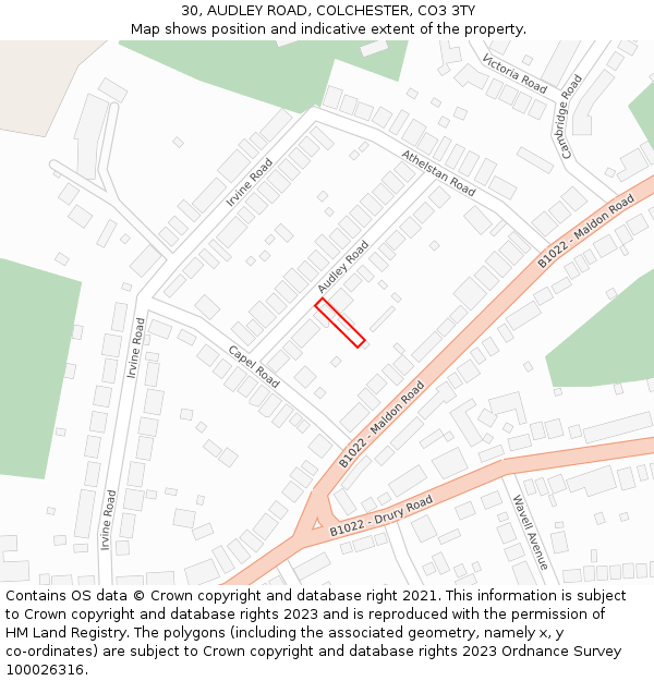 30, AUDLEY ROAD, COLCHESTER, CO3 3TY: Location map and indicative extent of plot