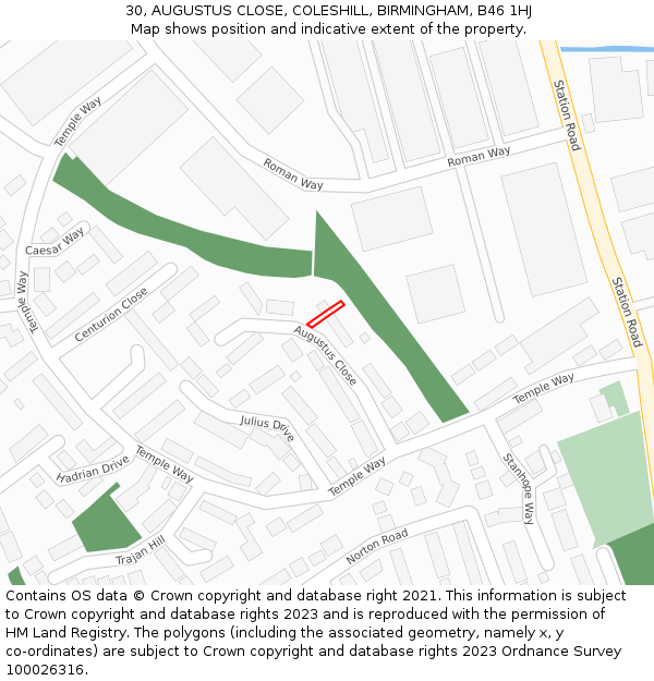 30, AUGUSTUS CLOSE, COLESHILL, BIRMINGHAM, B46 1HJ: Location map and indicative extent of plot