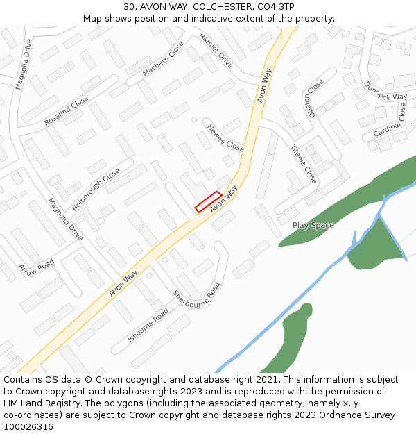 30, AVON WAY, COLCHESTER, CO4 3TP: Location map and indicative extent of plot