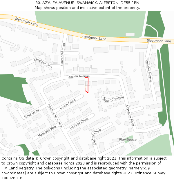 30, AZALEA AVENUE, SWANWICK, ALFRETON, DE55 1RN: Location map and indicative extent of plot