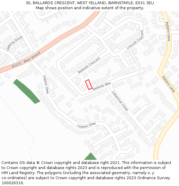 30, BALLARDS CRESCENT, WEST YELLAND, BARNSTAPLE, EX31 3EU: Location map and indicative extent of plot