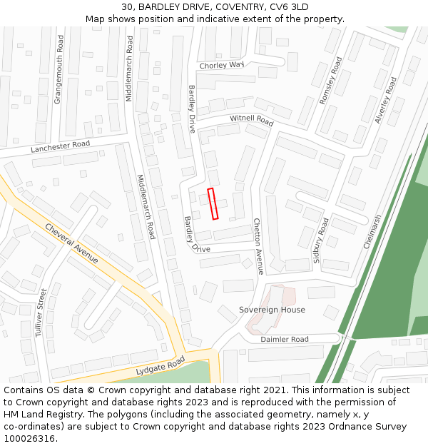 30, BARDLEY DRIVE, COVENTRY, CV6 3LD: Location map and indicative extent of plot