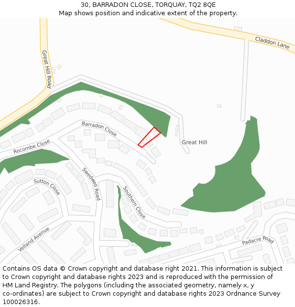 30, BARRADON CLOSE, TORQUAY, TQ2 8QE: Location map and indicative extent of plot