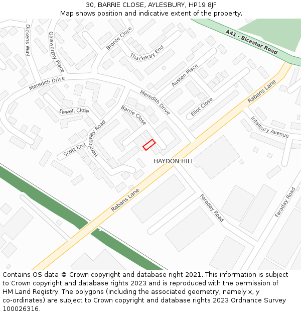 30, BARRIE CLOSE, AYLESBURY, HP19 8JF: Location map and indicative extent of plot