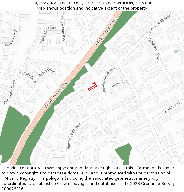 30, BASINGSTOKE CLOSE, FRESHBROOK, SWINDON, SN5 8RB: Location map and indicative extent of plot