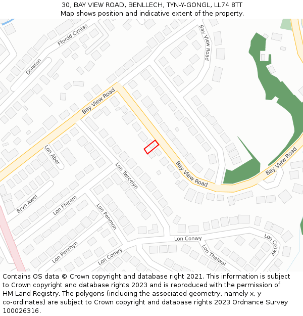 30, BAY VIEW ROAD, BENLLECH, TYN-Y-GONGL, LL74 8TT: Location map and indicative extent of plot