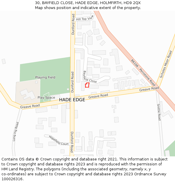 30, BAYFIELD CLOSE, HADE EDGE, HOLMFIRTH, HD9 2QX: Location map and indicative extent of plot