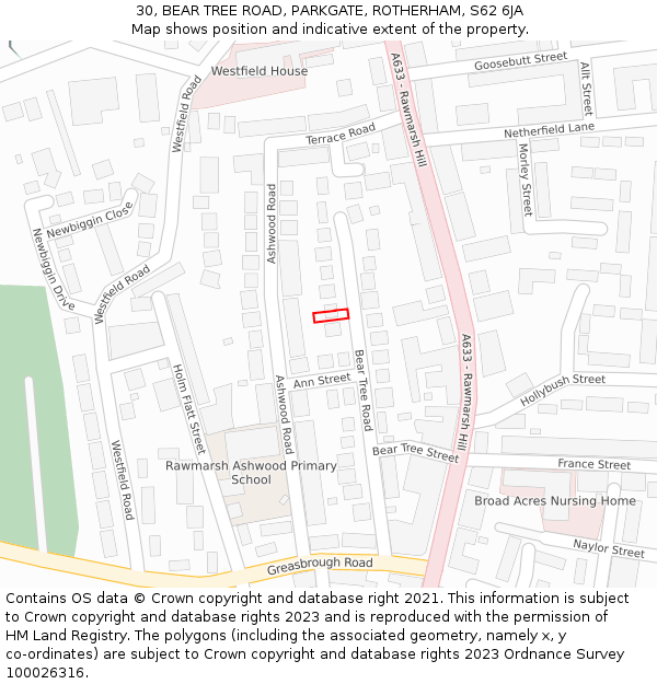 30, BEAR TREE ROAD, PARKGATE, ROTHERHAM, S62 6JA: Location map and indicative extent of plot