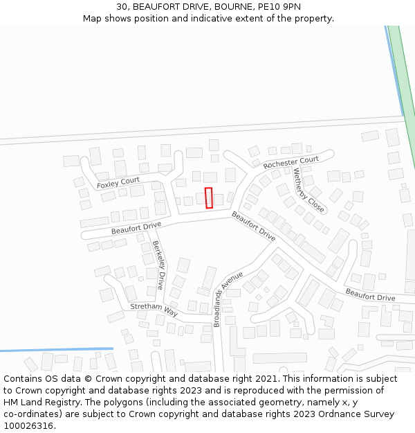 30, BEAUFORT DRIVE, BOURNE, PE10 9PN: Location map and indicative extent of plot