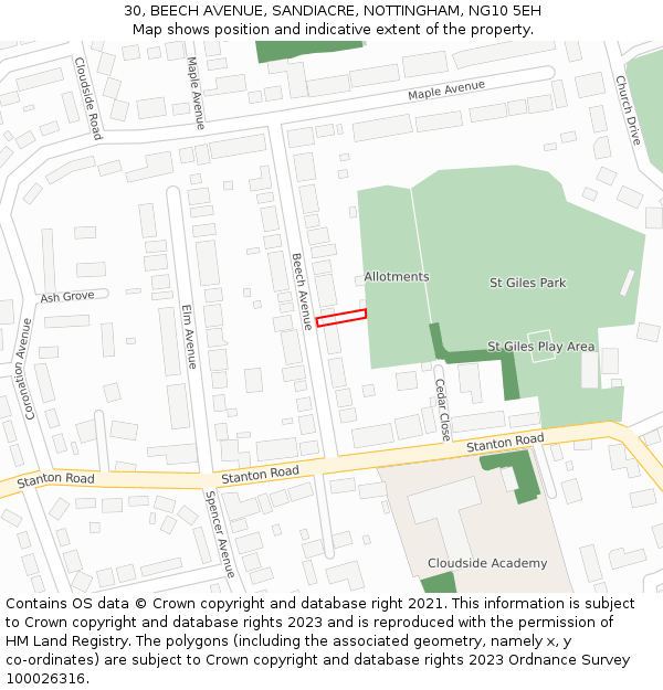 30, BEECH AVENUE, SANDIACRE, NOTTINGHAM, NG10 5EH: Location map and indicative extent of plot