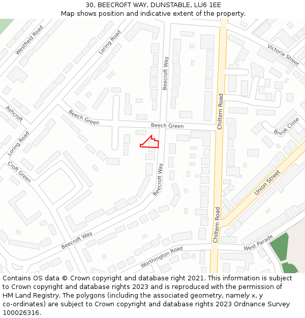 30, BEECROFT WAY, DUNSTABLE, LU6 1EE: Location map and indicative extent of plot