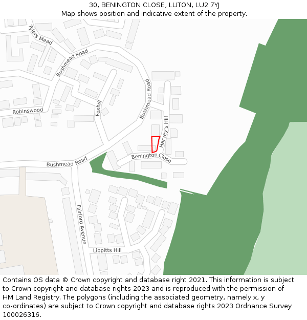 30, BENINGTON CLOSE, LUTON, LU2 7YJ: Location map and indicative extent of plot