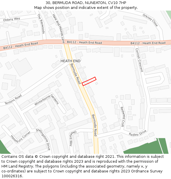 30, BERMUDA ROAD, NUNEATON, CV10 7HP: Location map and indicative extent of plot