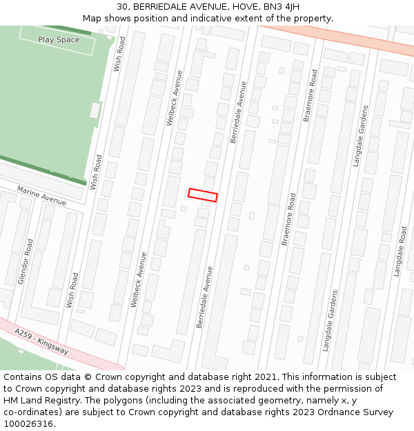 30, BERRIEDALE AVENUE, HOVE, BN3 4JH: Location map and indicative extent of plot