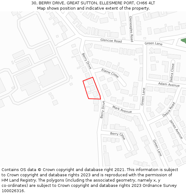 30, BERRY DRIVE, GREAT SUTTON, ELLESMERE PORT, CH66 4LT: Location map and indicative extent of plot