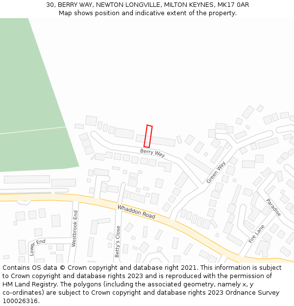 30, BERRY WAY, NEWTON LONGVILLE, MILTON KEYNES, MK17 0AR: Location map and indicative extent of plot