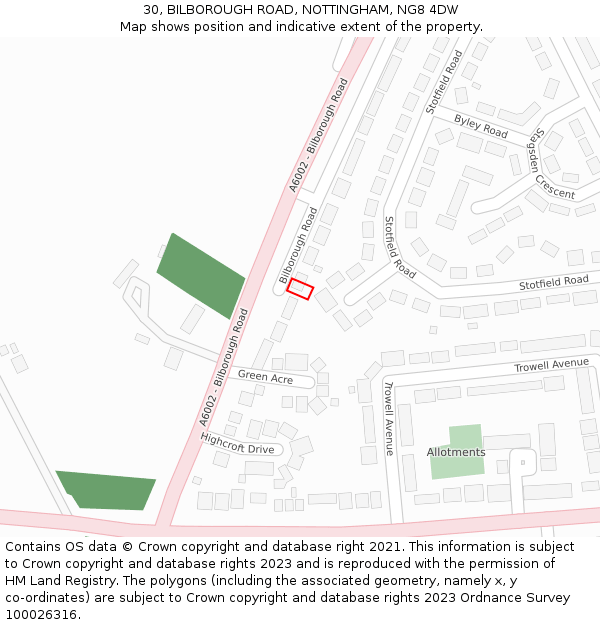 30, BILBOROUGH ROAD, NOTTINGHAM, NG8 4DW: Location map and indicative extent of plot