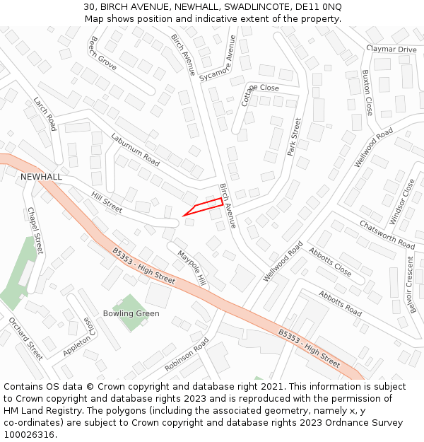 30, BIRCH AVENUE, NEWHALL, SWADLINCOTE, DE11 0NQ: Location map and indicative extent of plot