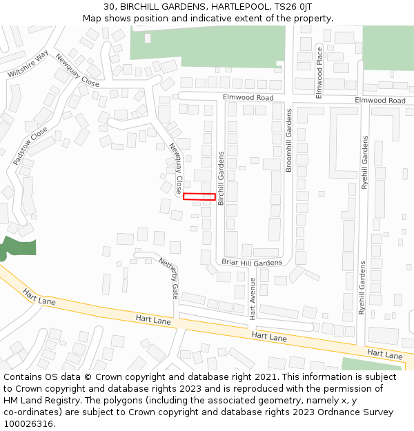 30, BIRCHILL GARDENS, HARTLEPOOL, TS26 0JT: Location map and indicative extent of plot