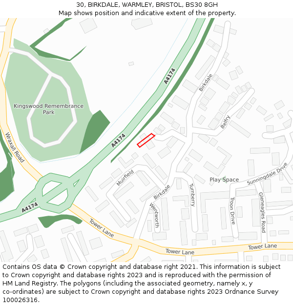 30, BIRKDALE, WARMLEY, BRISTOL, BS30 8GH: Location map and indicative extent of plot