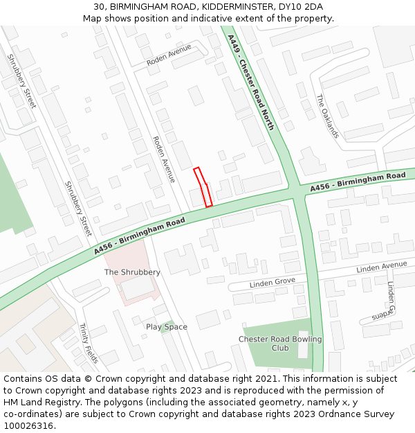 30, BIRMINGHAM ROAD, KIDDERMINSTER, DY10 2DA: Location map and indicative extent of plot