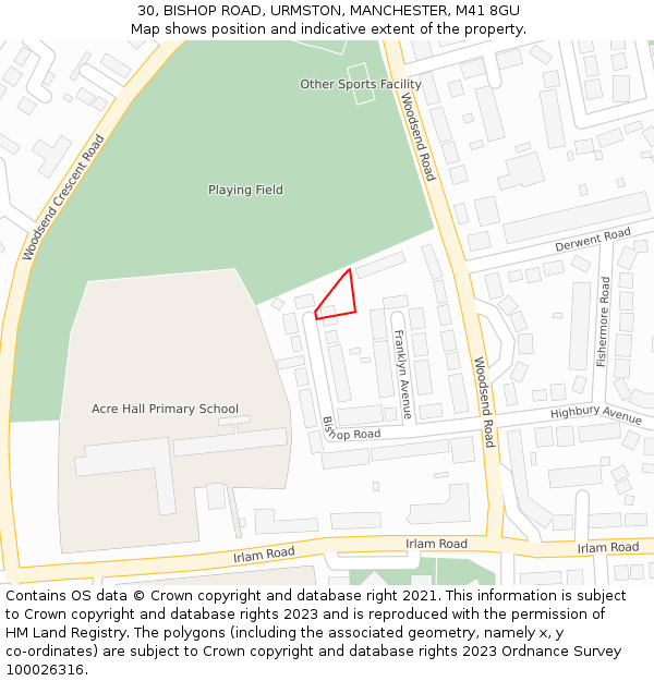 30, BISHOP ROAD, URMSTON, MANCHESTER, M41 8GU: Location map and indicative extent of plot