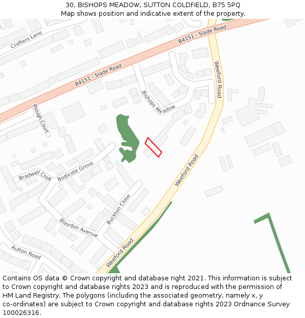 30, BISHOPS MEADOW, SUTTON COLDFIELD, B75 5PQ: Location map and indicative extent of plot