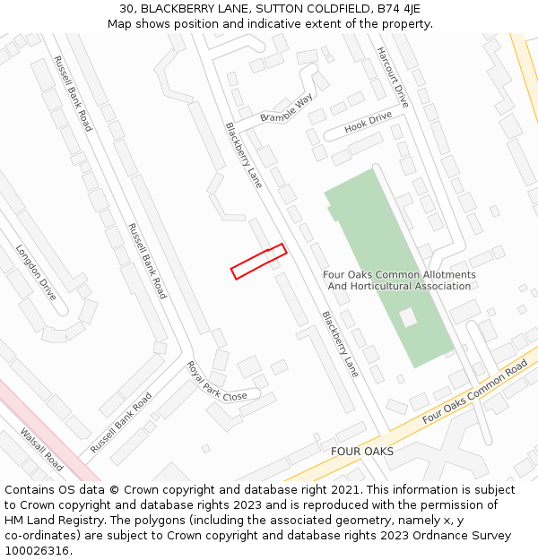 30, BLACKBERRY LANE, SUTTON COLDFIELD, B74 4JE: Location map and indicative extent of plot