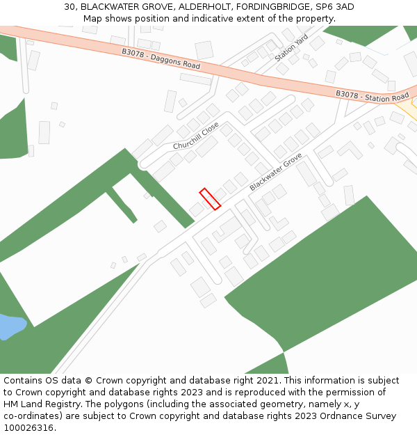 30, BLACKWATER GROVE, ALDERHOLT, FORDINGBRIDGE, SP6 3AD: Location map and indicative extent of plot