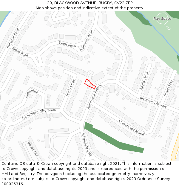 30, BLACKWOOD AVENUE, RUGBY, CV22 7EP: Location map and indicative extent of plot