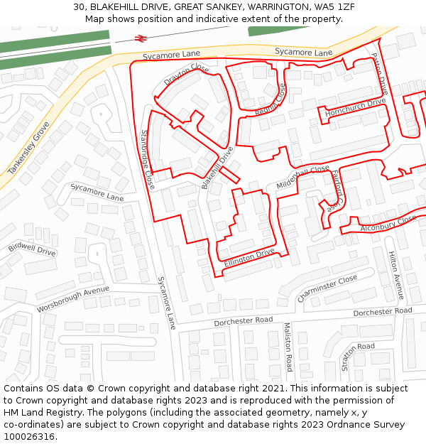 30, BLAKEHILL DRIVE, GREAT SANKEY, WARRINGTON, WA5 1ZF: Location map and indicative extent of plot