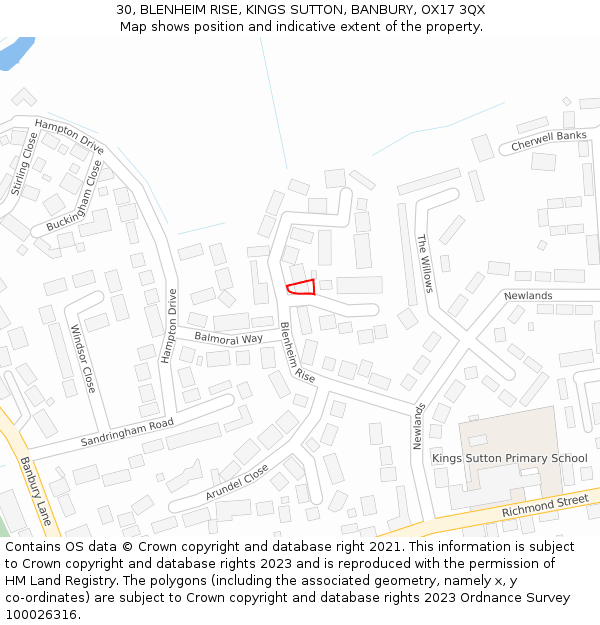 30, BLENHEIM RISE, KINGS SUTTON, BANBURY, OX17 3QX: Location map and indicative extent of plot