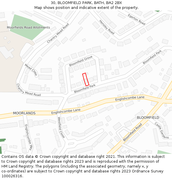 30, BLOOMFIELD PARK, BATH, BA2 2BX: Location map and indicative extent of plot