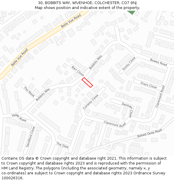 30, BOBBITS WAY, WIVENHOE, COLCHESTER, CO7 9NJ: Location map and indicative extent of plot