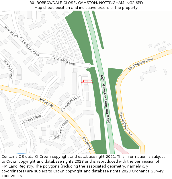 30, BORROWDALE CLOSE, GAMSTON, NOTTINGHAM, NG2 6PD: Location map and indicative extent of plot