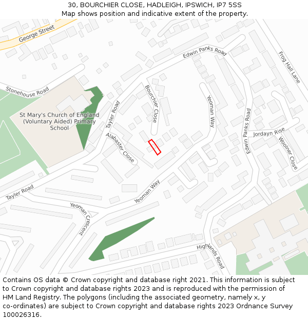 30, BOURCHIER CLOSE, HADLEIGH, IPSWICH, IP7 5SS: Location map and indicative extent of plot