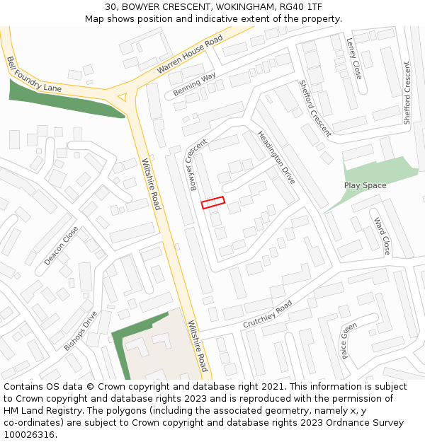 30, BOWYER CRESCENT, WOKINGHAM, RG40 1TF: Location map and indicative extent of plot