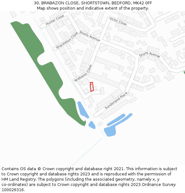 30, BRABAZON CLOSE, SHORTSTOWN, BEDFORD, MK42 0FF: Location map and indicative extent of plot