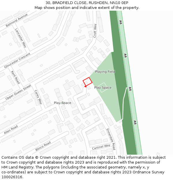 30, BRADFIELD CLOSE, RUSHDEN, NN10 0EP: Location map and indicative extent of plot